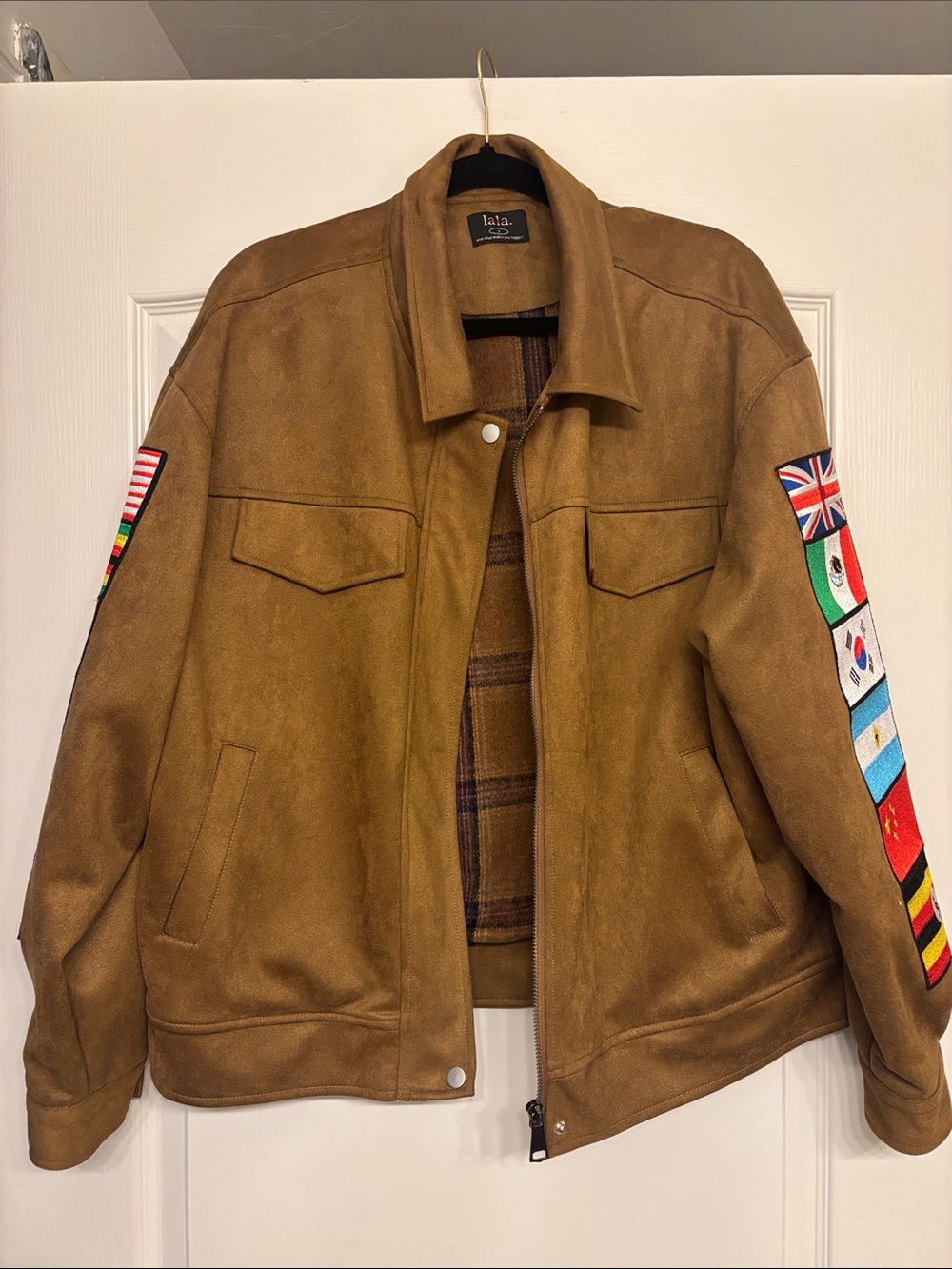 Dressed in LALA Brown Suede-Look Bomber Jacket with Flag Sleeve Patches